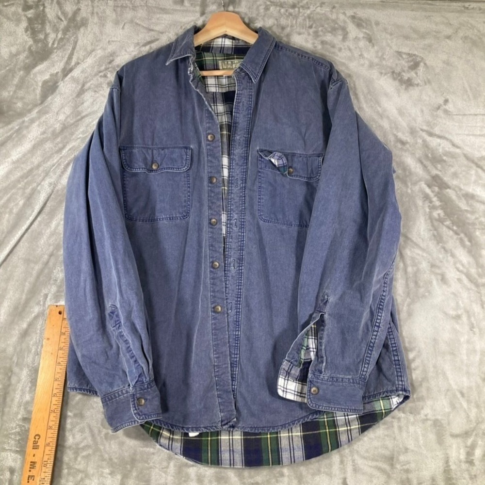 VTG LL Bean Flannel Lined Denim Shirt Mens Large Blue Plaid Workwear Made in USA